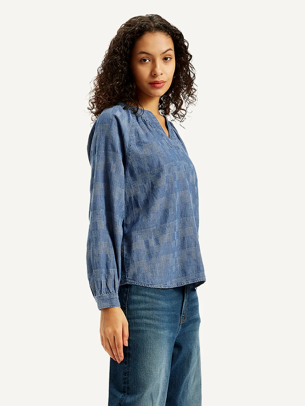 Women's Textured Blue Peasant Top