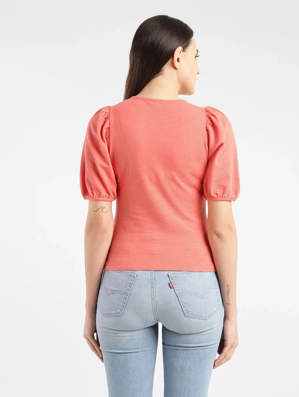 Women's Textured Coral Round Neck Top