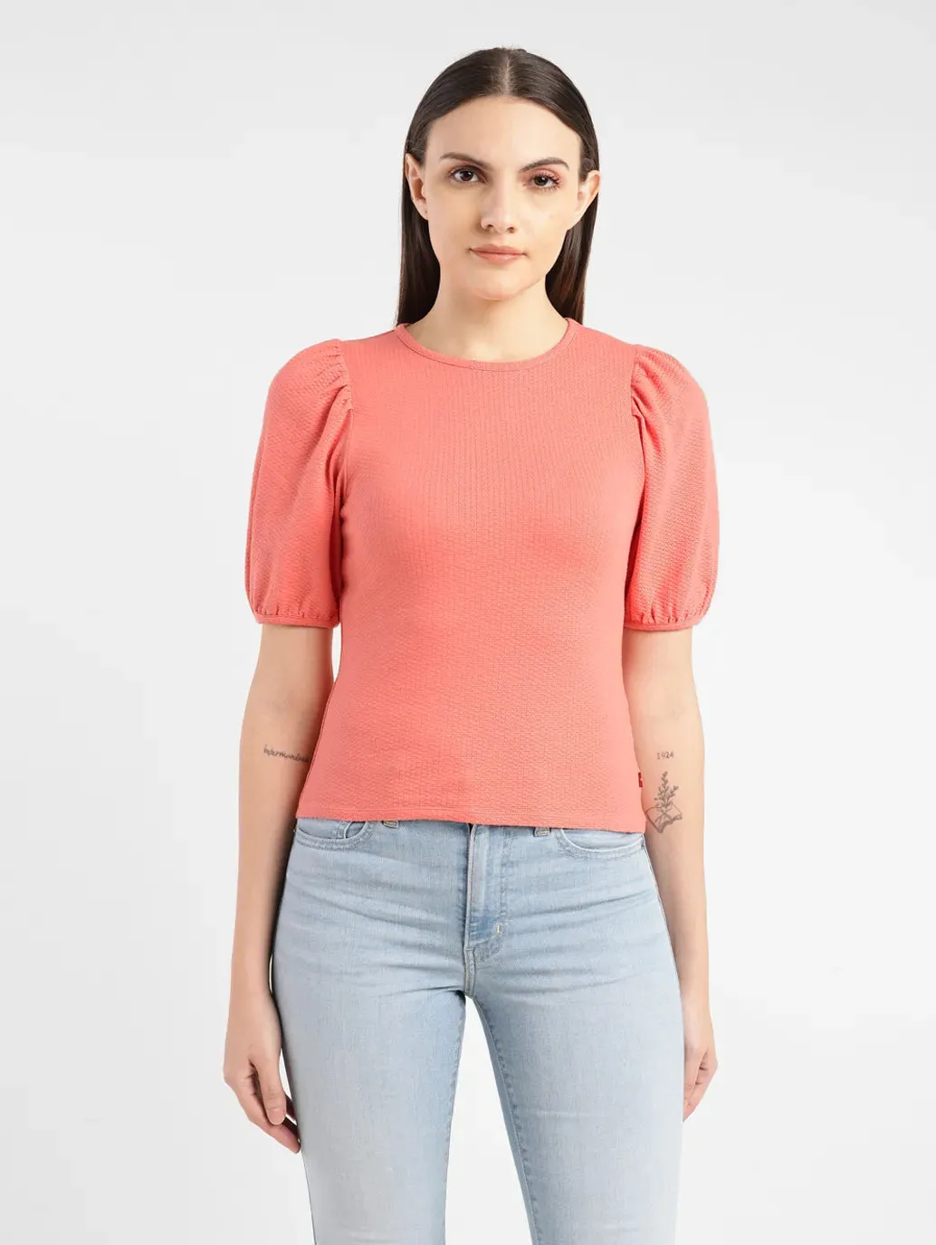 Women's Textured Coral Round Neck Top