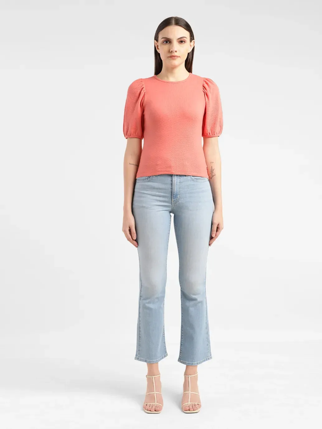 Women's Textured Coral Round Neck Top