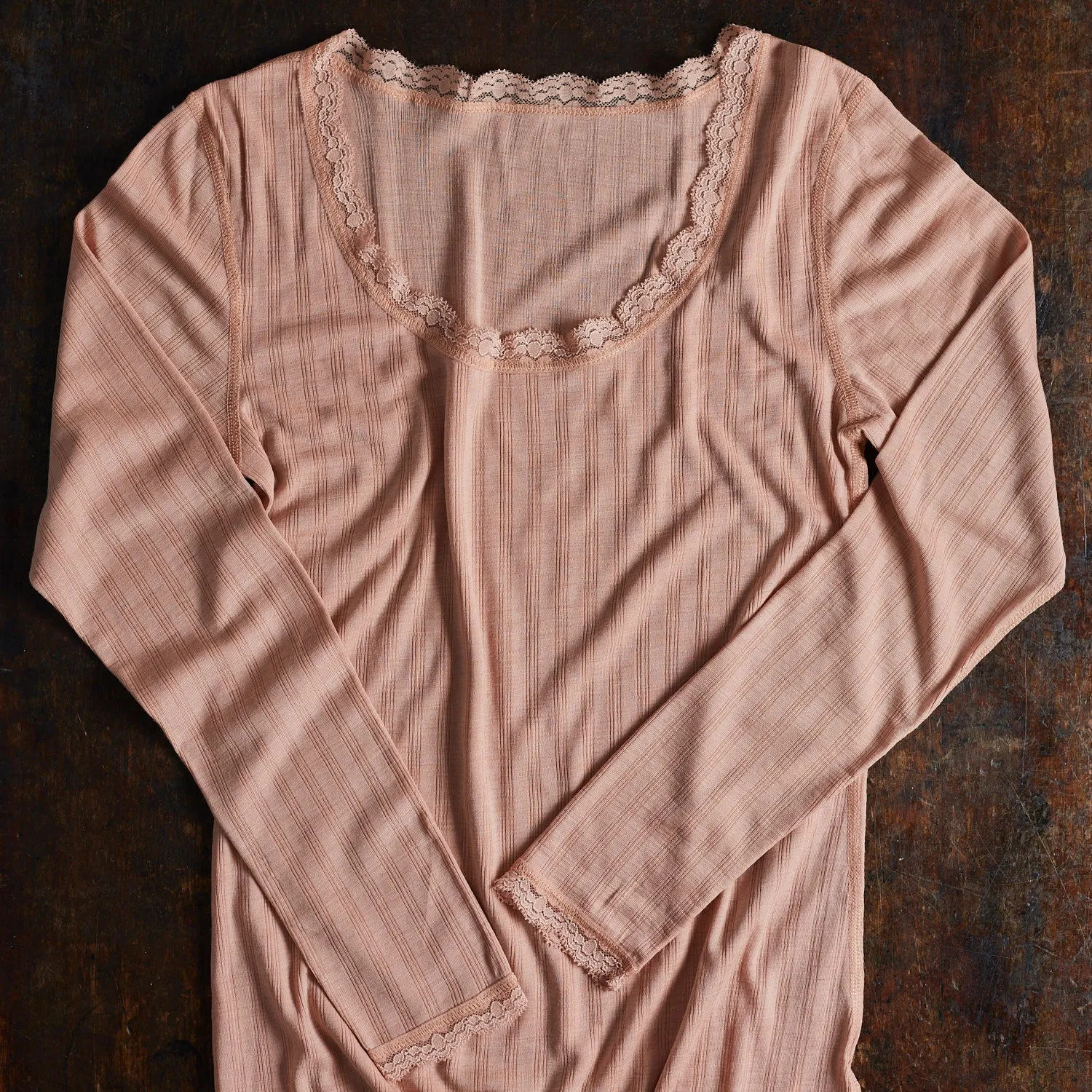 Womens Wool/Silk LS Lace Top - Soft Rose