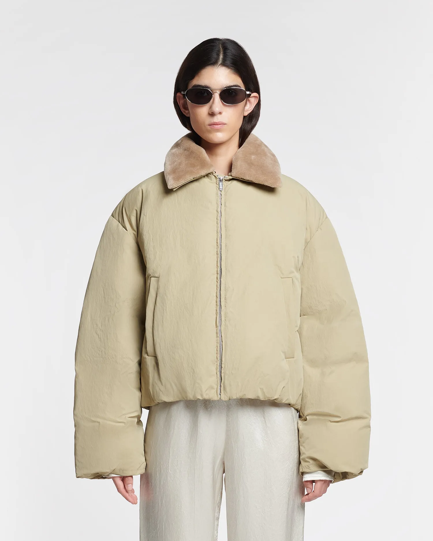 Zacharie - Faux Fur and Tech Nylon Jacket - Sage/Beige