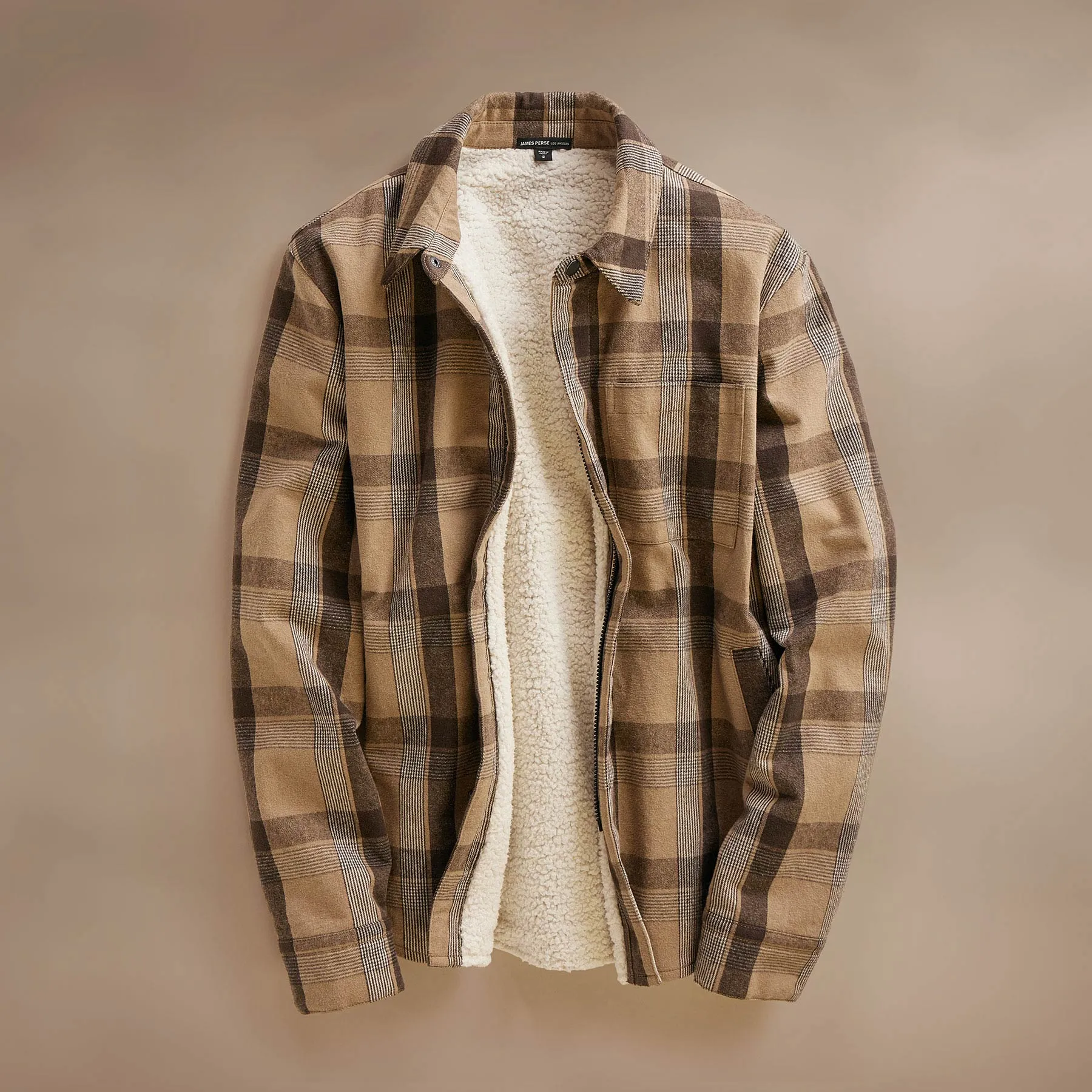 Zip Front Sherpa Lined Plaid Jacket - Tan/Brown